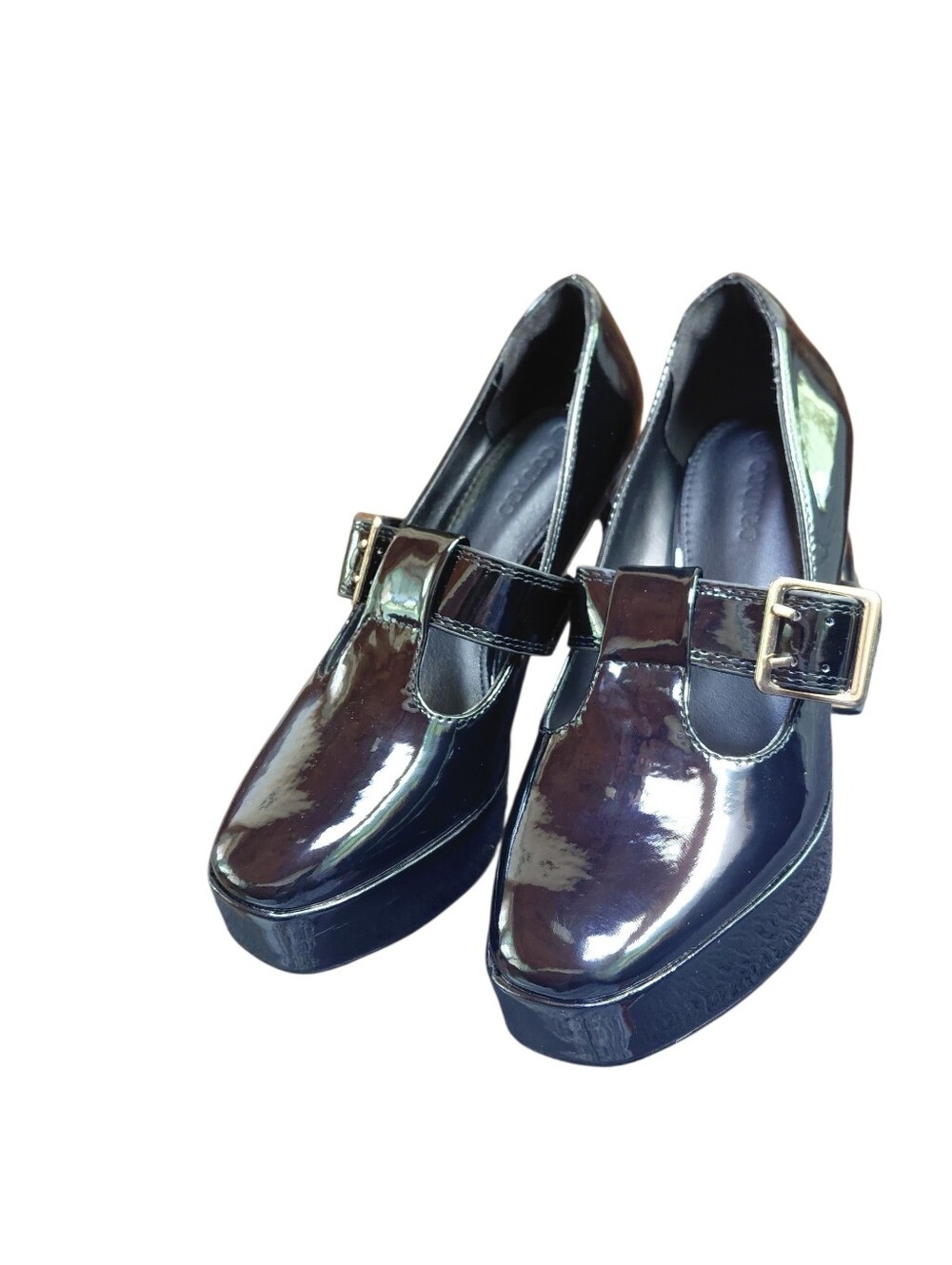 Coutgo Patent Leather Platform Mary Jane T-Strap Chunky Heel Shoes Black Size 6